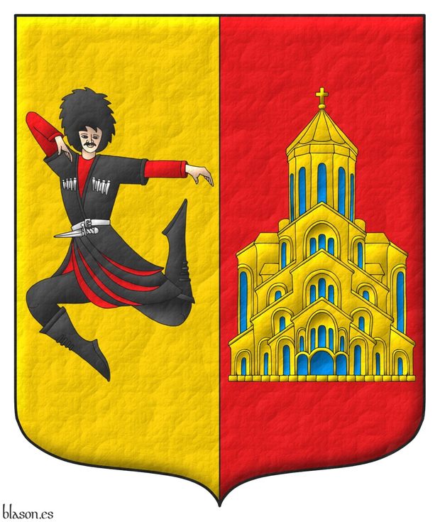 Party per pale: 1 Or, a Georgian dancer proper; 2 Gules, a church Or, ports and windows Azure.