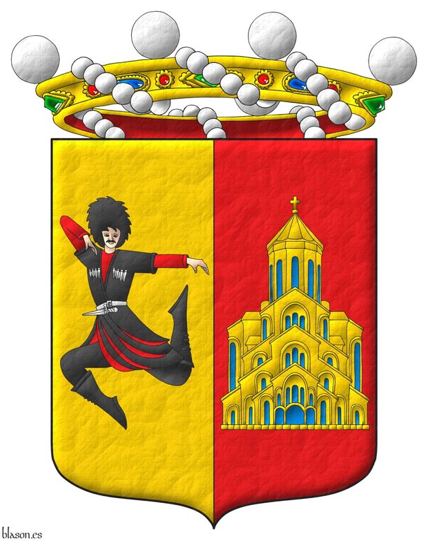 Escudo partido: 1o de oro, un bailarn georgiano al natural; 2o de gules, una iglesia de oro, aclarada de azur. Timbre: Una corona de barn.