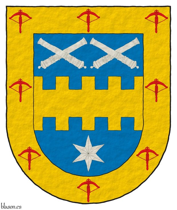 Escudo de azur, una faja bretesada de oro, acompa�ada en jefe de dos pares de tubos de ca�ones desmontados puestos en dos sotueres, en punta de una estrella de seis puntas todo de plata; una bordura de oro, cargada de ocho ballestas de gules.