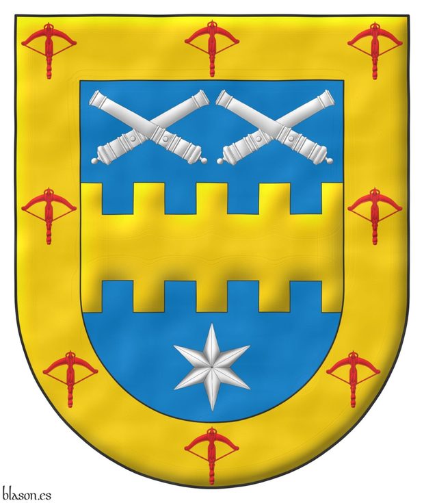 Azure, a fess bretessed Or between in chief two pairs of cannons dismounted in two saltires, in base a mullet of six points Argent; a bordure Or, charged with eight crossbows Gules.