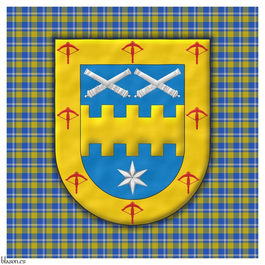 Escudo de azur, una faja bretesada de oro, acompa�ada en jefe de dos pares de tubos de ca�ones desmontados puestos en dos sotueres, en punta de una estrella de seis puntas todo de plata; una bordura de oro, cargada de ocho ballestas de gules.