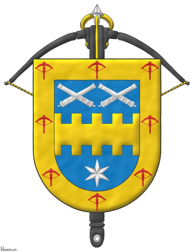 Escudo de azur, una faja bretesada de oro, acompa�ada en jefe de dos pares de tubos de ca�ones desmontados puestos en dos sotueres, en punta de una estrella de seis puntas todo de plata; una bordura de oro, cargada de ocho ballestas de gules. Acolada detr�s del escudo, una ballesta al natural de la Noble Compa��a de Ballesteros Hijosdalgo de San Felipe y Santiago.