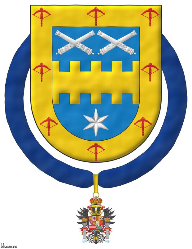 Escudo de azur, una faja bretesada de oro, acompa�ada en jefe de dos pares de tubos de ca�ones desmontados puestos en dos sotueres, en punta de una estrella de seis puntas todo de plata; una bordura de oro, cargada de ocho ballestas de gules. El escudo est� rodeado de la Imperial Orden Hisp�nica de Carlos V.