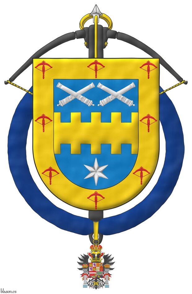 Escudo de azur, una faja bretesada de oro, acompa�ada en jefe de dos pares de tubos de ca�ones desmontados puestos en dos sotueres, en punta de una estrella de seis puntas todo de plata; una bordura de oro, cargada de ocho ballestas de gules. Acolada detr�s del escudo, una ballesta al natural de la Noble Compa��a de Ballesteros Hijosdalgo de San Felipe y Santiago. El escudo est� rodeado de la Imperial Orden Hisp�nica de Carlos V.