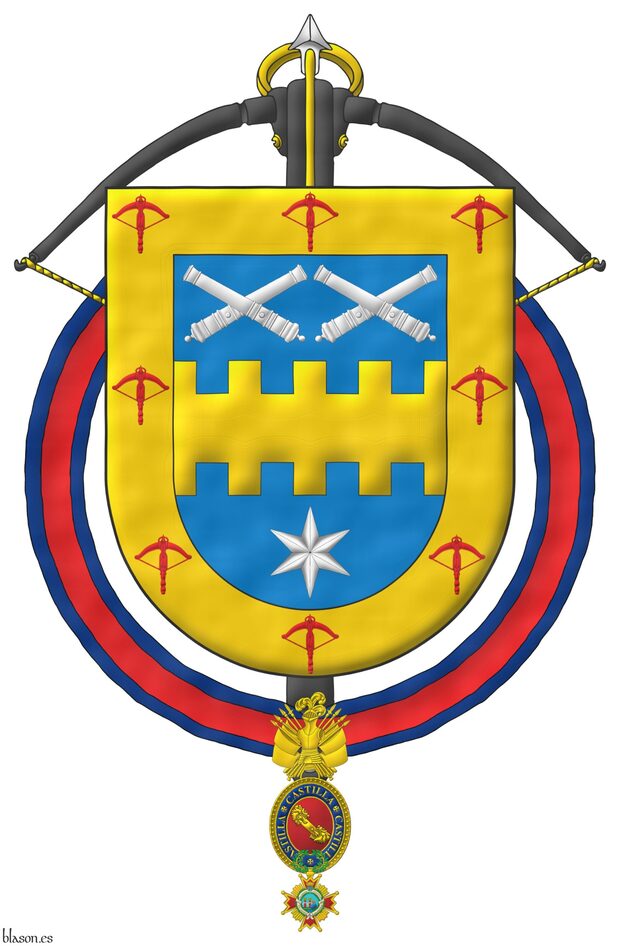 Escudo de azur, una faja bretesada de oro, acompa�ada en jefe de dos pares de tubos de ca�ones desmontados puestos en dos sotueres, en punta de una estrella de seis puntas todo de plata; una bordura de oro, cargada de ocho ballestas de gules. Acolada detr�s del escudo, una ballesta al natural de la Noble Compa��a de Ballesteros Hijosdalgo de San Felipe y Santiago. El escudo est� rodeado de la Maestranza de Caballer�a de Castilla.