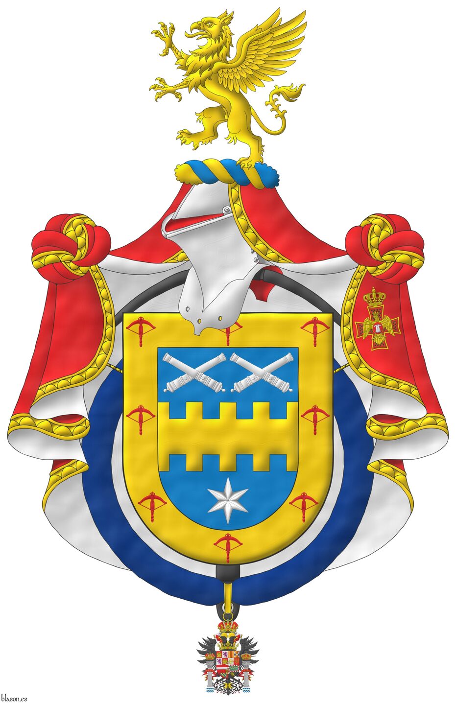Escudo de azur, una faja bretesada de oro, acompa�ada en jefe de dos pares de tubos de ca�ones desmontados puestos en dos sotueres, en punta de una estrella de seis puntas todo de plata; una bordura de oro, cargada de ocho ballestas de gules. Timbrado de un yelmo adornado de un manto capitular de la Orden del �guila de Georgia, un burelete de oro y azur, sumado de un grifo rampante de oro. Acolada detr�s del escudo, una ballesta al natural de la Noble Compa��a de Ballesteros Hijosdalgo de San Felipe y Santiago. El escudo est� rodeado de la Imperial Orden Hisp�nica de Carlos V.