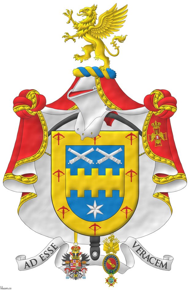 Escudo de azur, una faja bretesada de oro, acompa�ada en jefe de dos pares de tubos de ca�ones desmontados puestos en dos sotueres, en punta de una estrella de seis puntas todo de plata; una bordura de oro, cargada de ocho ballestas de gules. Timbrado de un yelmo adornado de un manto capitular de la Orden del �guila de Georgia, un burelete de oro y azur, sumado de un grifo rampante de oro. Lema: �Ad Esse Veracem�. Acolada detr�s del escudo, una ballesta al natural de la Noble Compa��a de Ballesteros Hijosdalgo de San Felipe y Santiago. Pendiente de la punta las insignias de la Imperial Orden Hisp�nica de Carlos V y de la Maestranza de Caballer�a de Castilla.