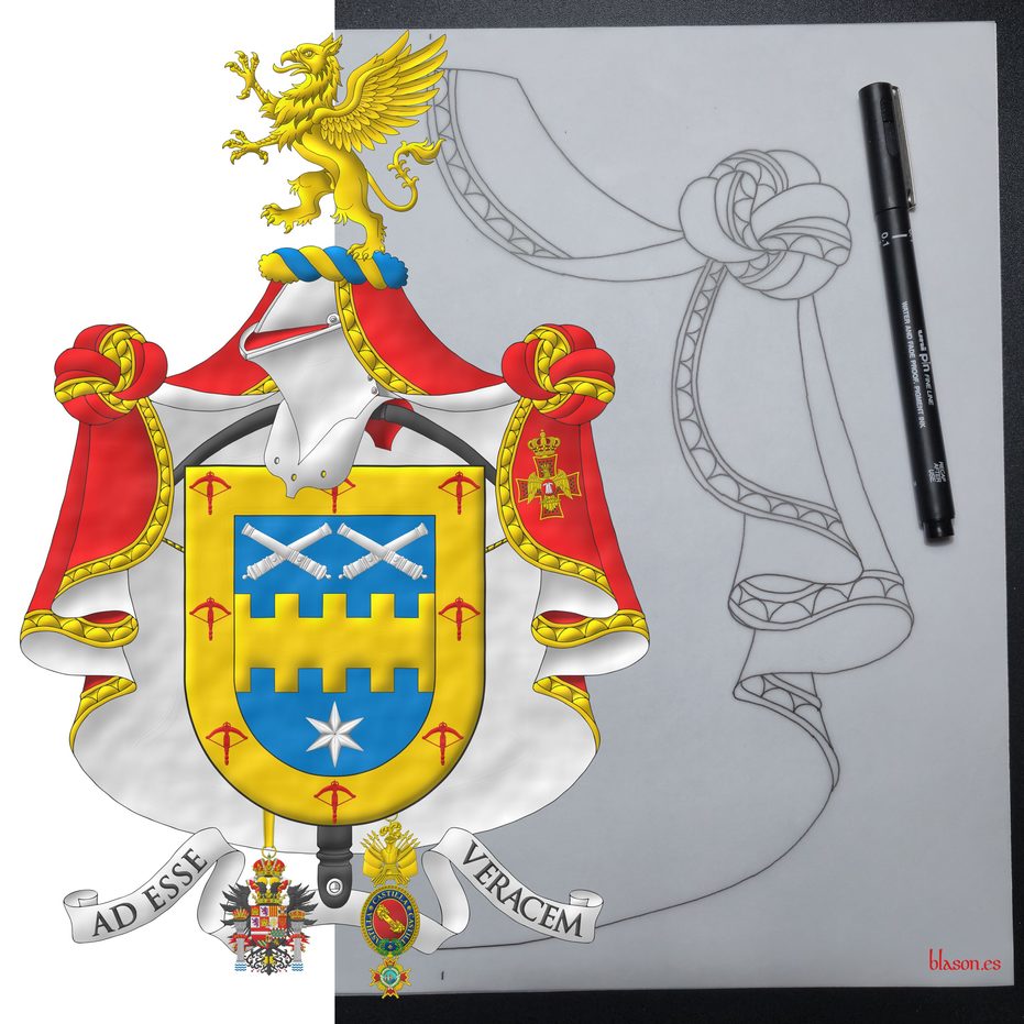 Escudo de azur, una faja bretesada de oro, acompa�ada en jefe de dos pares de tubos de ca�ones desmontados puestos en dos sotueres, en punta de una estrella de seis puntas todo de plata; una bordura de oro, cargada de ocho ballestas de gules. Timbrado de un yelmo adornado de un manto capitular de la Orden del �guila de Georgia, un burelete de oro y azur, sumado de un grifo rampante de oro. Lema: �Ad Esse Veracem�. Acolada detr�s del escudo, una ballesta al natural de la Noble Compa��a de Ballesteros Hijosdalgo de San Felipe y Santiago. Pendiente de la punta las insignias de la Imperial Orden Hisp�nica de Carlos V y de la Maestranza de Caballer�a de Castilla.