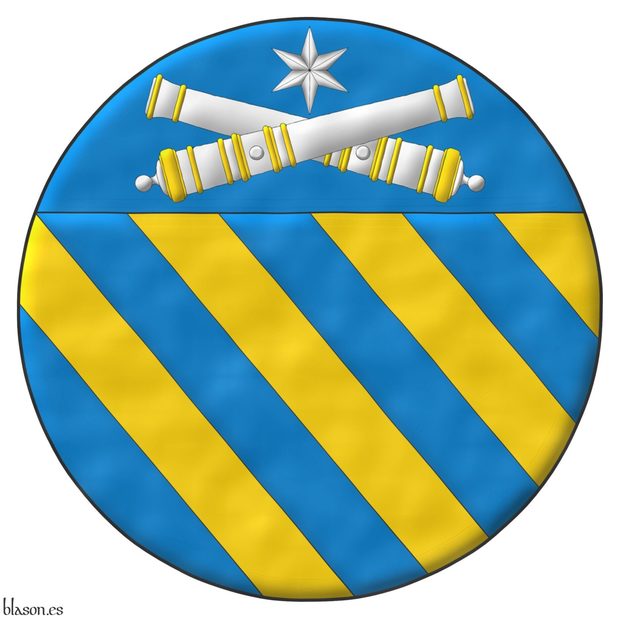 Badge bendy of eight Or and Azure; on a chief Azure a mullet of six points Argent above two cannons dismounted Argent, garnished Or, in saltire.