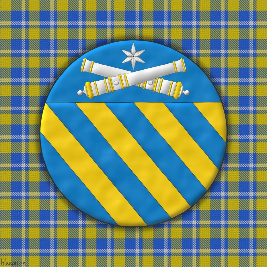 Insignia bandada de ocho piezas de azur y oro; el jefe de azur, dos tubos de ca��n de plata, rematados de oro, en sotuer, surmontados por una estrella de seis puntas de plata.