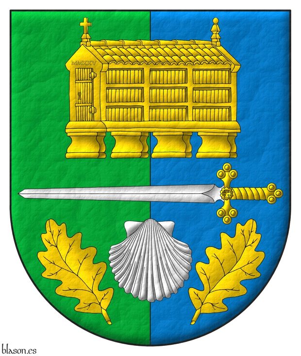 Per pale Vert and Azure, overall a sword fesswise Argent, hilted Or, between in chief a Galician granary Or, and in base an escallop Argent between two oak leaves in pile Or.