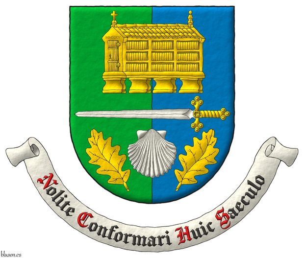 Escudo partido de sinople y azur, brochante sobre el todo una espada puesta en faja de plata, guarnecida de oro, acompaada en jefe de un hrreo de oro, y en punta de una venera de plata acompaada de dos hojas de roble en pila de oro. Lema: Nolite Conformari Huic Saeculo de sable, con letras iniciales de gules, sobre una filacteria de plata.