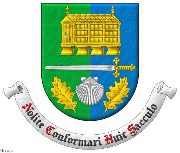 Per pale Vert and Azure, overall a sword fesswise Argent, hilted Or, between in chief a Galician granary Or, and in base an escallop Argent between two oak leaves in pile Or. Motto: Nolite Conformari Huic Saeculo Sable, with initial letters Gules, over a scroll Argent.