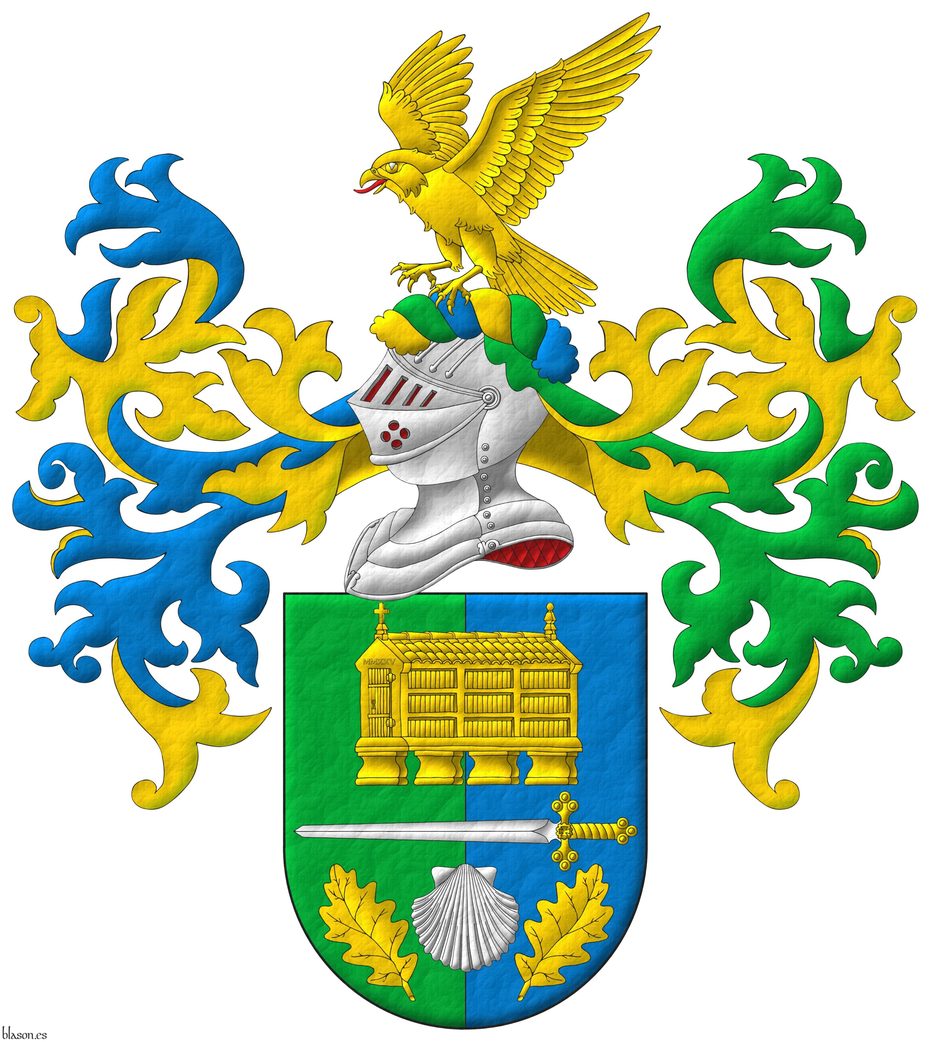 Per pale Vert and Azure, overall a sword fesswise Argent, hilted Or, between in chief a Galician granary Or, and in base an escallop Argent between two oak leaves in pile Or. Crest: Upon a helm, with a wreath Or, Vert, and Azure a falcon rising Or, langued Gules. Mantling: dexter Azure doubled Or, sinister Vert doubled Or.