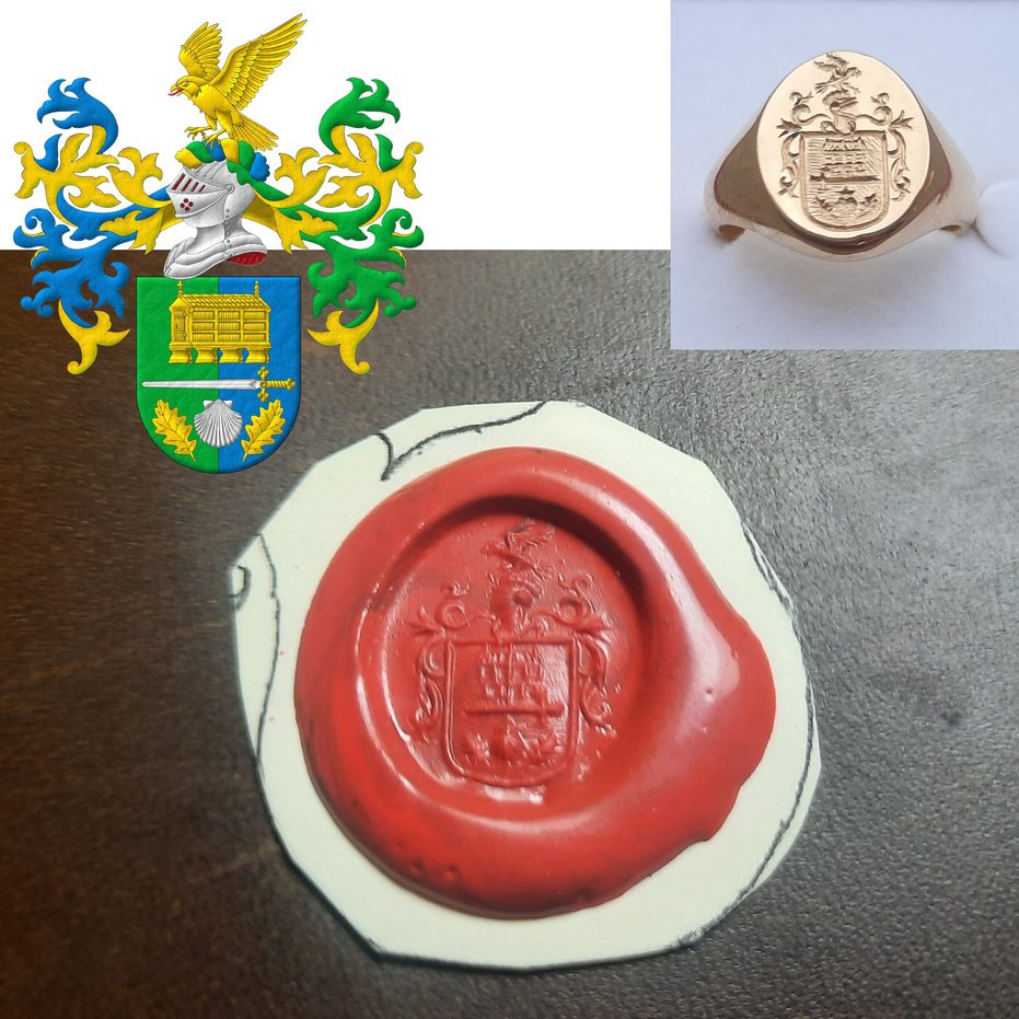 Escudo partido de sinople y azur, brochante sobre el todo una espada puesta en faja de plata, guarnecida de oro, acompaada en jefe de un hrreo de oro, y en punta de una venera de plata acompaada de dos hojas de roble en pila de oro. Timbrado de un yelmo adornado de dos lambrequines, el diestro de azur y oro, el siniestro de sinople y oro, un burelete de oro, sinople y azur, cimado de un halcn azorado de oro, lampasado de gules.
