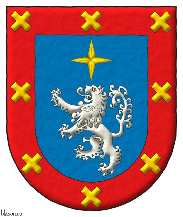 Escudo de azur, un len rampante de plata, surmontado de un lucero de oro; una bordura de gules cargada de ocho sotueres de oro.