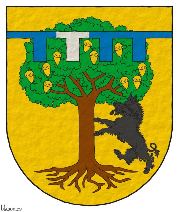 Or, an oak tree proper, fructed Or, with a boar supporting it Sable; the whole debruised by a label of four points Azure with the second point Argent.