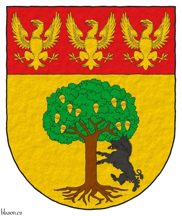 Or, an oak tree proper, fructed Or, with a boar supporting it Sable; on a chief Gules, three eagles displayed Or.