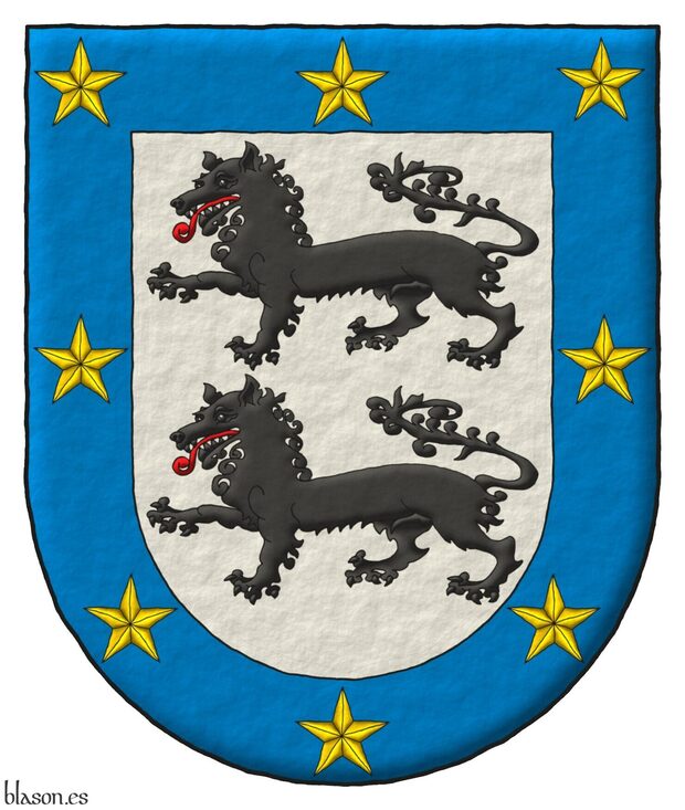 Argent, two wolves passant, in pale Sable, langued Gules; a bordure Azure charged with eight mullets Or.