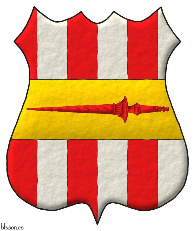 Escudo palado de seis piezas de gules y plata; brochante sobre el todo, una faja de oro cargada de una lanza de gules.