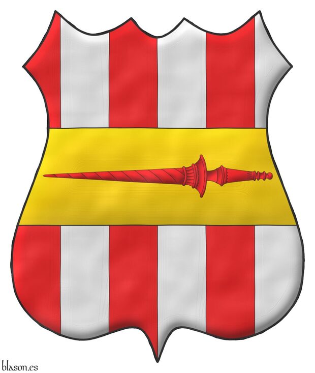 Paly of six Gules and Argent; overall, a fess Or charged with a lance Gules.
