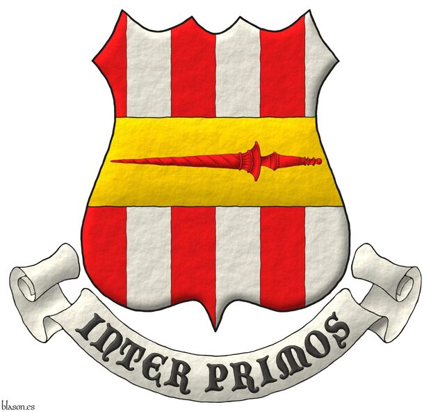 Escudo palado de seis piezas de gules y plata; brochante sobre el todo, una faja de oro cargada de una lanza de gules. Lema: Inter Primos.