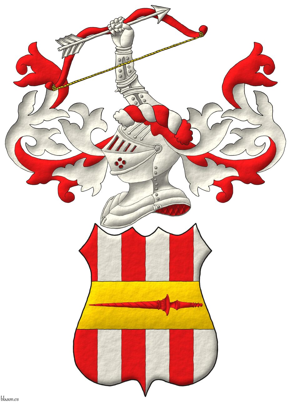 Paly of six Gules and Argent; overall, a fess Or charged with a lance Gules. Crest: Upon a helm with a wreath Argent and Gules, an arm vambraced, bendwise Argent, grasping, bend sinisterwise, a bow Gules, cord Or, and an arrow point sinister Argent. Mantling: Gules doubled Argent.