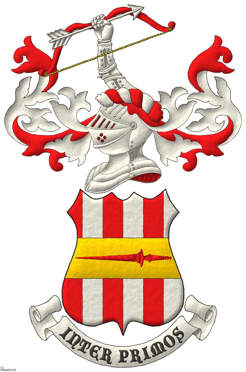 Paly of six Gules and Argent; overall, a fess Or charged with a lance Gules. Crest: Upon a helm with a wreath Argent and Gules, an arm vambraced, bendwise Argent, grasping, bend sinisterwise, a bow Gules, cord Or, and an arrow point sinister Argent. Mantling: Gules doubled Argent. Motto: Inter Primos.