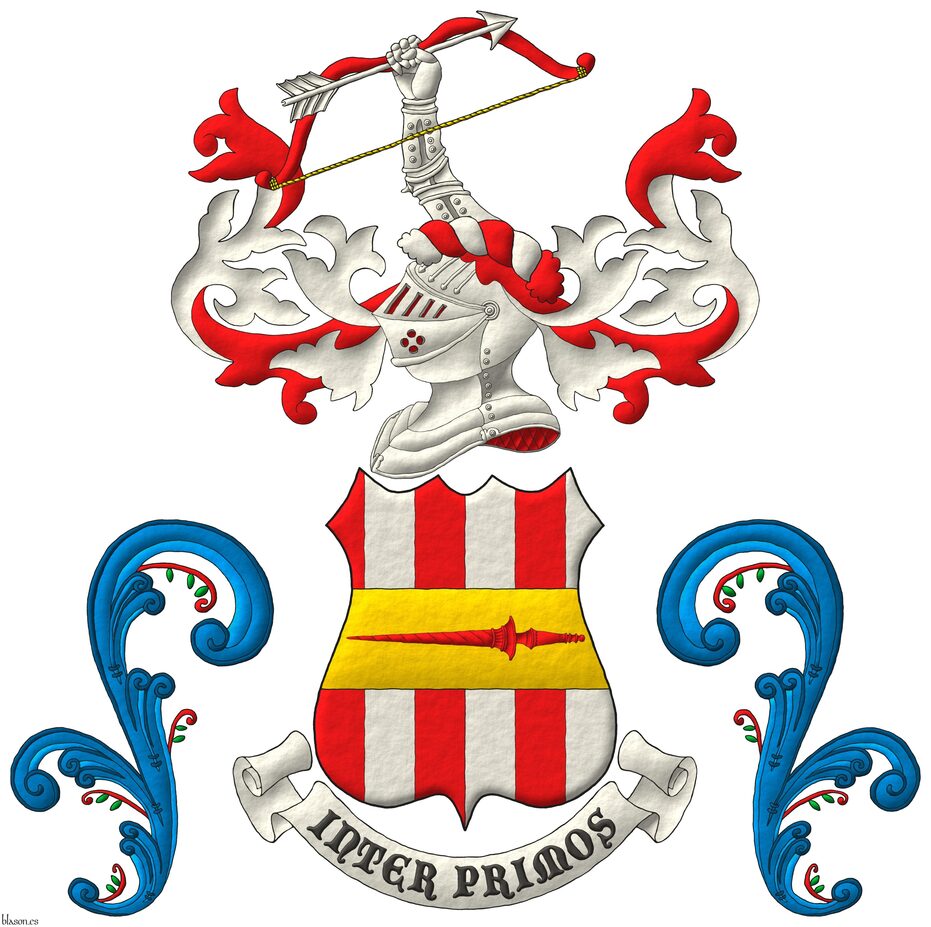 Escudo palado de seis piezas de gules y plata; brochante sobre el todo, una faja de oro cargada de una lanza de gules. Timbrado de un yelmo, adornado de dos lambrequines de gules y plata, un burelete de plata y gules, cimado de un brazo armado, puesto en banda de plata, teniendo, puestos en barra, un arco de gules, cordado de oro y una flecha apuntando a la siniestra. Lema: Inter Primos.