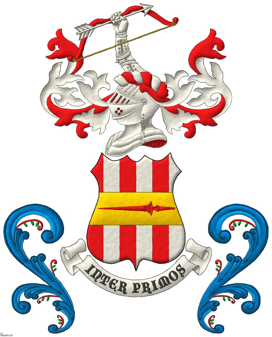 Paly of six Gules and Argent; overall, a fess Or charged with a lance Gules. Crest: Upon a helm with a wreath Argent and Gules, an arm vambraced, bendwise Argent, grasping, bend sinisterwise, a bow Gules, cord Or, and an arrow point sinister Argent. Mantling: Gules doubled Argent. Motto: Inter Primos.
