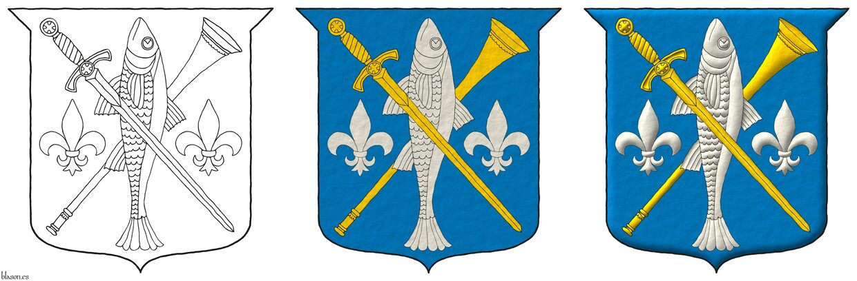 Azure, a trumpet bend sinisterwise Or, debruised by a fish haurient Argent, debruised by a sword bendwise point downwards Or, all between two fleurs de lis in fess Argent.