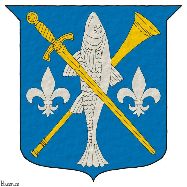 Azure, a trumpet bend sinisterwise Or, debruised by a fish haurient Argent, debruised by a sword bendwise point downwards Or, all between two fleurs de lis in fess Argent.