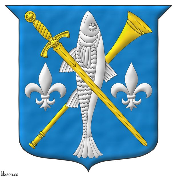 Azure, a trumpet bend sinisterwise Or, debruised by a fish haurient Argent, debruised by a sword bendwise point downwards Or, all between two fleurs de lis in fess Argent.