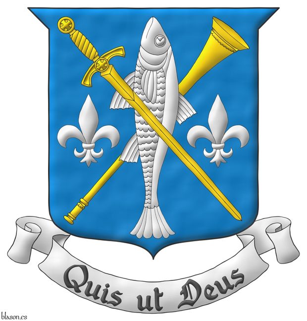 Azure, a trumpet bend sinisterwise Or, debruised by a fish haurient Argent, debruised by a sword bendwise point downwards Or, all between two fleurs de lis in fess Argent. Motto: Quis ut Deus.