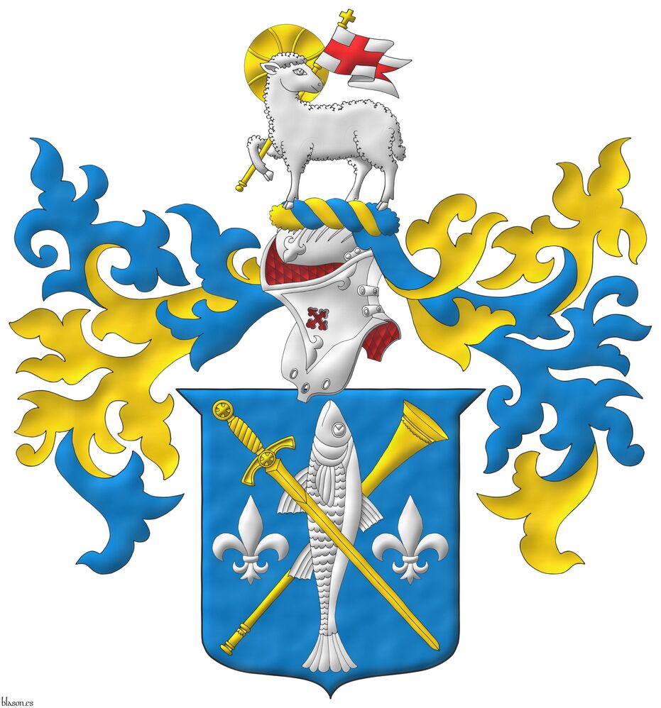 Azure, a trumpet bend sinisterwise Or, debruised by a fish haurient Argent, debruised by a sword bendwise point downwards Or, all between two fleurs de lis in fess Argent. Crest: Upon a helm lined Gules with a wreath Or and Azure, a paschal lamb regardant Argent, nimbed Or, supporting a staff Or, flying a banner Argent charged with a cross Gules. Mantling: Azure doubled Or.