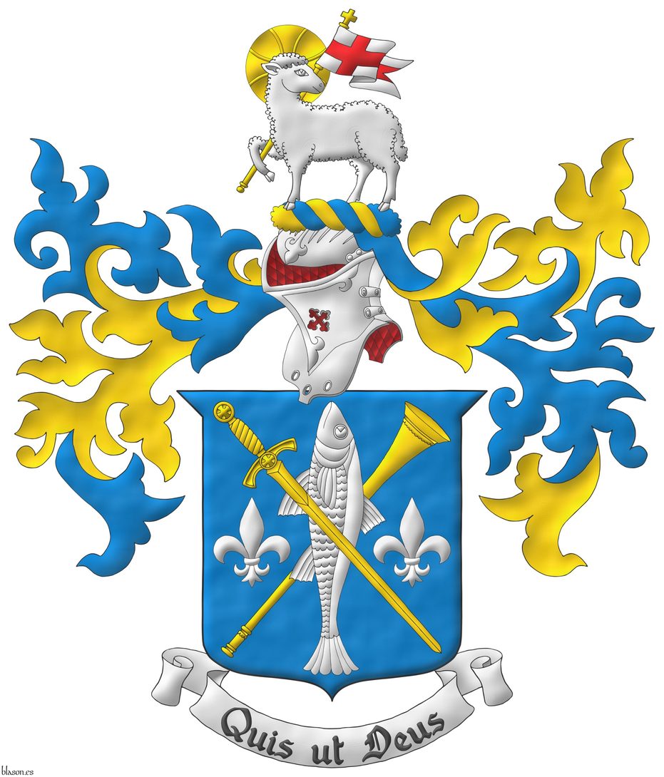 Azure, a trumpet bend sinisterwise Or, debruised by a fish haurient Argent, debruised by a sword bendwise point downwards Or, all between two fleurs de lis in fess Argent. Crest: Upon a helm lined Gules with a wreath Or and Azure, a paschal lamb regardant Argent, nimbed Or, supporting a staff Or, flying a banner Argent charged with a cross Gules. Mantling: Azure doubled Or. Motto: Quis ut Deus.