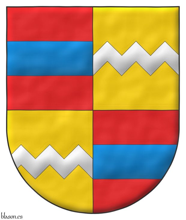Quarterly: 1 and 4 Gules, a fess Azure; 2 and 3 Or, a fess dancetty Argent.