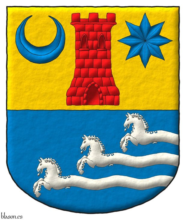 Escudo cortado: 1o de oro, una torre de gules, acompaada en el cantn diestro del jefe de un creciente, y en el siniestro de una estrella de ocho puntas, ambos de azur. 2o de azur, tres caballos corriendo, en barra, nacientes, cada uno, de una onda moviente del flanco siniestro, todo de plata.