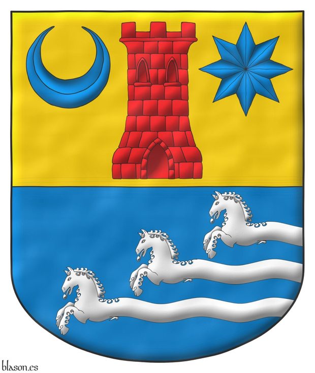 Party per fess: 1 Or, a tower Gules between in chief a crescent and a mullet of eight points Azure; 2 Azure, three demi-horses courant in bend sinister nascent from the ends of three bars wavy issuant from sinister Argent.