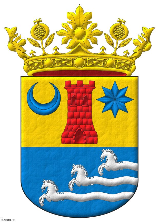 Party per fess: 1 Or, a tower Gules between in chief a crescent and a mullet of eight points Azure; 2 Azure, three demi-horses courant in bend sinister nascent from the ends of three bars wavy issuant from sinister Argent. Crest: A crown of the Soberana y Muy Noble Orden de la Granada.