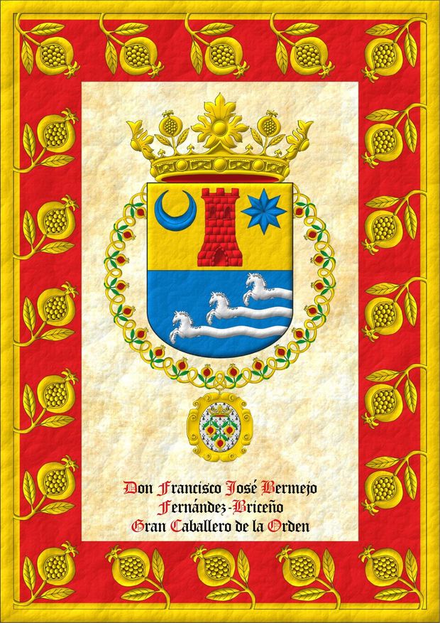 Escudo cortado: 1o de oro, una torre de gules, acompaada en el cantn diestro del jefe de un creciente, y en el siniestro de una estrella de ocho puntas, ambos de azur. 2o de azur, tres caballos corriendo, en barra, nacientes, cada uno, de una onda moviente del flanco siniestro, todo de plata. Timbrado de una corona de la Soberana y Muy Noble Orden de la Granada. El escudo est rodeado por el collar de la Soberana y Muy Noble Orden de la Granada.