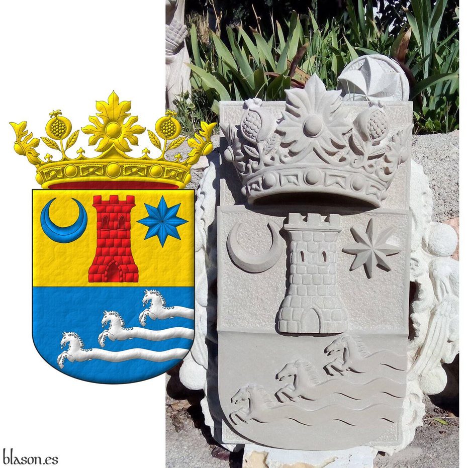 Escudo cortado: 1o de oro, una torre de gules, acompaada en el cantn diestro del jefe de un creciente, y en el siniestro de una estrella de ocho puntas, ambos de azur. 2o de azur, tres caballos corriendo, en barra, nacientes, cada uno, de una onda moviente del flanco siniestro, todo de plata. Timbrado de una corona de la Soberana y Muy Noble Orden de la Granada.