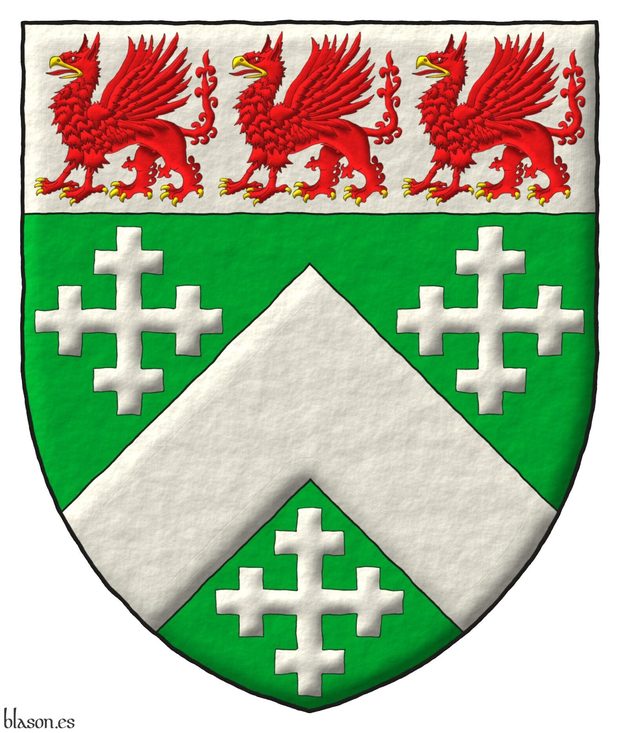 Vert, a chevron, between three cross-crosslets; on a chief Argent, three griffins statant Gules, beaked and armed Or.