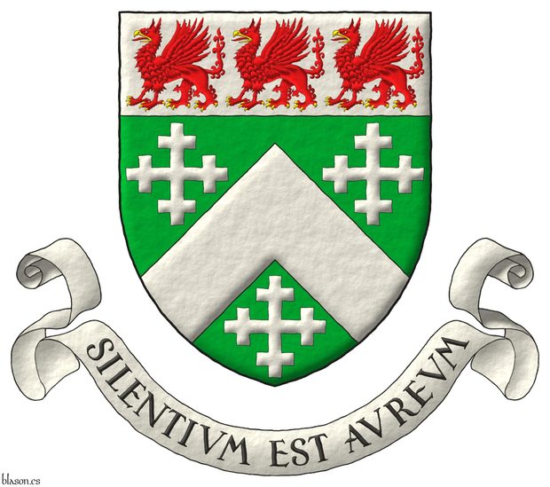 Vert, a chevron, between three cross-crosslets; on a chief Argent, three griffins statant Gules, beaked and armed Or. Motto: «Silentium est aureum».