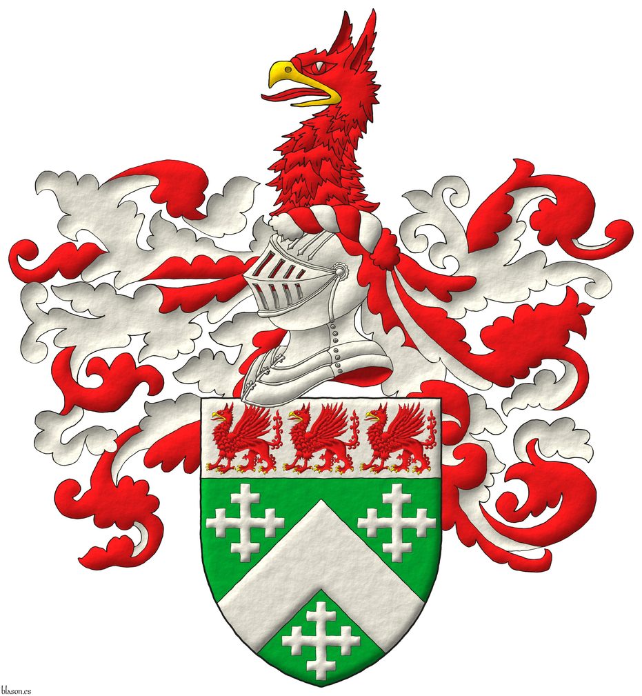 Vert, a chevron, between three cross-crosslets; on a chief Argent, three griffins statant Gules, beaked and armed Or. Crest: Upon a helm, with a wreath Argent and Gules, a griffin's head couped Gules, beaked Or. Mantling: Gules doubled Argent.