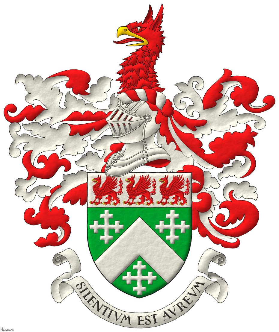 Vert, a chevron, between three cross-crosslets; on a chief Argent, three griffins statant Gules, beaked and armed Or. Crest: Upon a helm, with a wreath Argent and Gules, a griffin's head couped Gules, beaked Or. Mantling: Gules doubled Argent. Motto: «Silentium est aureum».