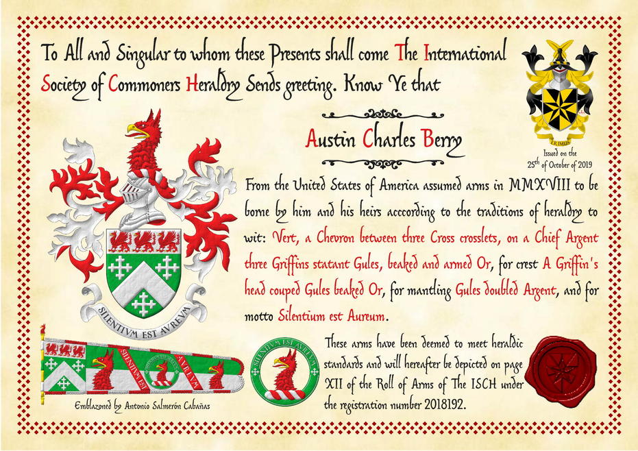 Vert, a chevron, between three cross-crosslets; on a chief Argent, three griffins statant Gules, beaked and armed Or. Crest: Upon a helm, with a wreath Argent and Gules, a griffin's head couped Gules, beaked Or. Mantling: Gules doubled Argent. Motto: «Silentium est aureum».