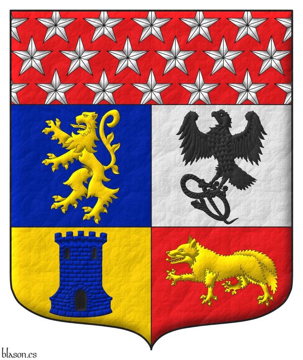 Quarterly: 1 Azure, a lion rampant Or; 2 Argent, a falcon rising, grasping in its paws a serpent Sable; 3 Or, a tower Azure, port, windows, and masoned Sable; 4 Gules, a fox passant Or; a chief Gules semé of mullets Argent.