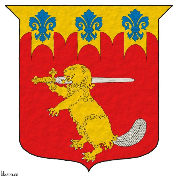 Escudo de gules, un castor erguido de oro, armado y el rabo de plata, teniendo sobre su hombro diestro una espada de plata, guarnecida de oro; en un jefe almenado gibelino de oro tres flores de lis de azur.