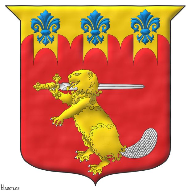 Gules, a beaver erect Or, armed and tailed Argent, bearing on his dexter shoulder a sword Argent, hilted Or; on a chief embattled of Renaissance crenellations Or three fleurs de lis Azure.